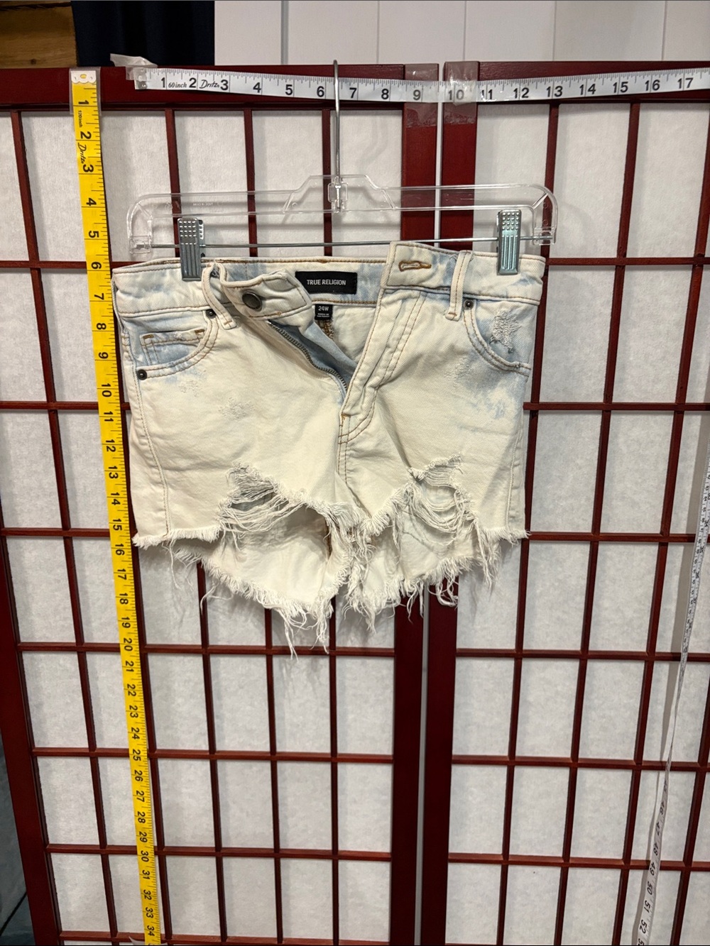 True Religion Cream Distressed Frayed Denim Shorts